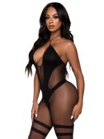 Opaque and Sheer Twist Halter Bodystocking - One Size - Black - Image 4