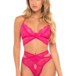 Cut Out Galloon Lace Bra Set - Bright Rose - L/xl